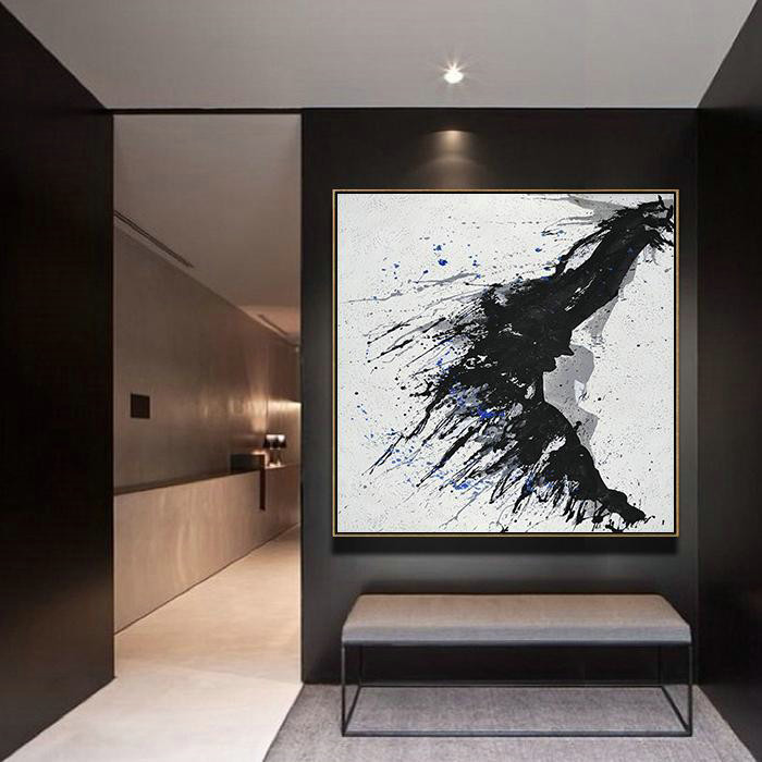 Handmade Large Contemporary Art,Minimalist Drip Painting On Canvas, Black, White, Grey, Blue - Modern Art Abstract Painting